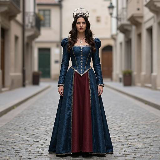 Photograph of a young woman with long brown hair, wearing a blue velvet gown, red underlay, silver-trimmed corset, and a