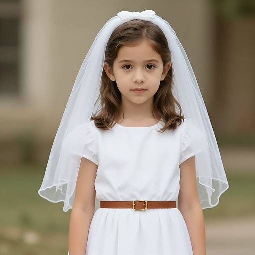 Photograph of a young girl with brown hair, wearing a white dress, brown belt, and white veil, standing outdoors against a blurred background.