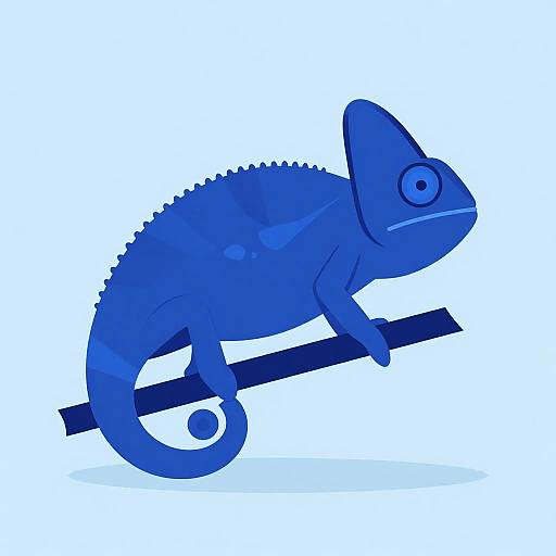 Digital cartoon of a blue chameleon with a single eye, spiky back, and curled tail perched on a dark blue branch.