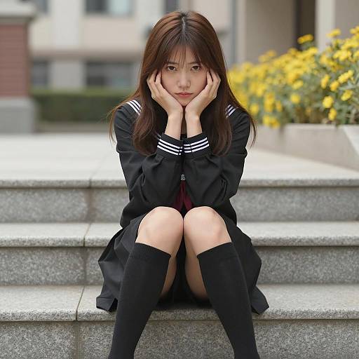 Asian Woman in Black Sailor School Uniform Sitting on Steps