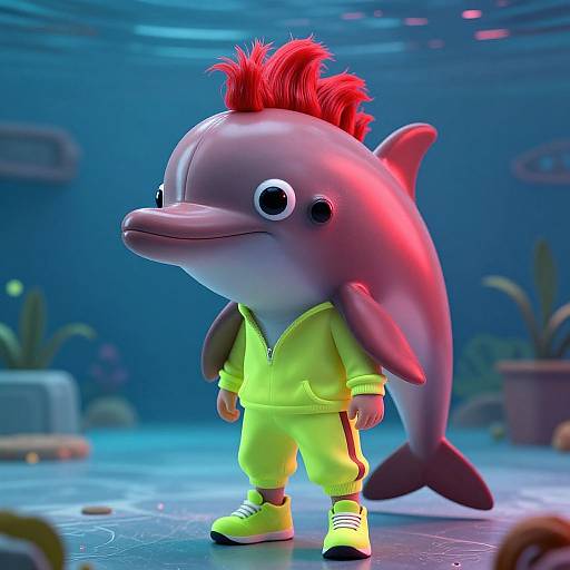 CGI image of a cartoon dolphin with red mohawk, wearing neon green tracksuit and yellow sneakers, standing underwater with plants and coral in the background