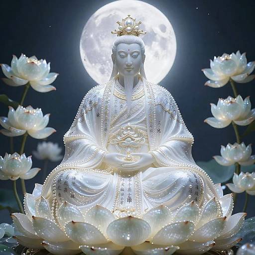 Photograph of a glowing white Buddha statue with a golden crown, seated on a lotus throne, surrounded by white lotuses and a bright full moon