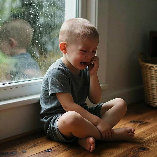 Bald Kid Crying in Cozy Room