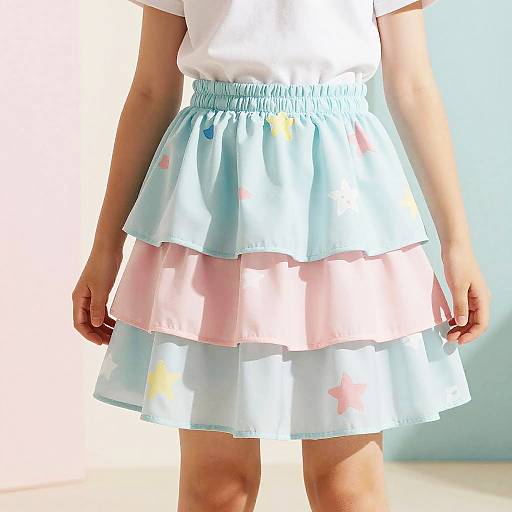 Photograph of a child wearing a white short-sleeve top and a pastel-colored, multi-layered, ruffled skirt with star patterns.