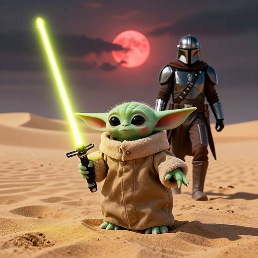 Digital art of a green, furry, big-eared creature holding a glowing green lightsaber in a desert, with a armored figure behind and a red