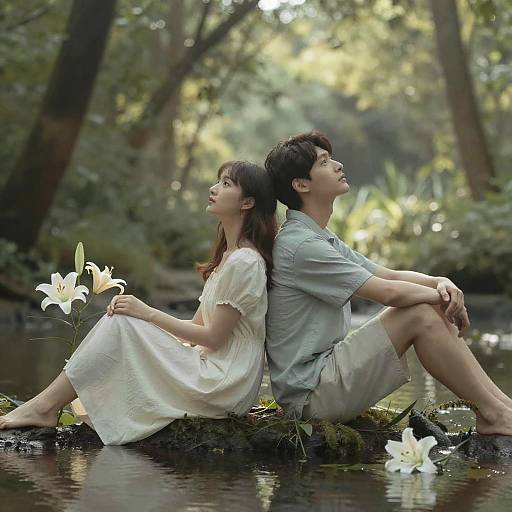 Photograph of an Asian couple, back-to-back, sitting on a mossy log by a forest stream, holding white lilies, gazing upwards