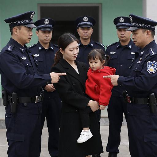 Police Officers Surrounding Woman and Girl