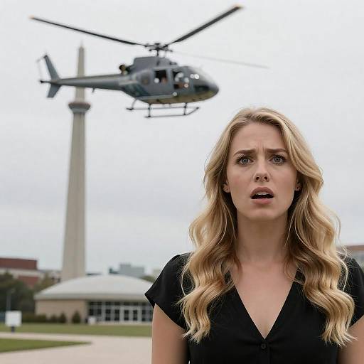 Shocked Woman with Helicopter near Tower