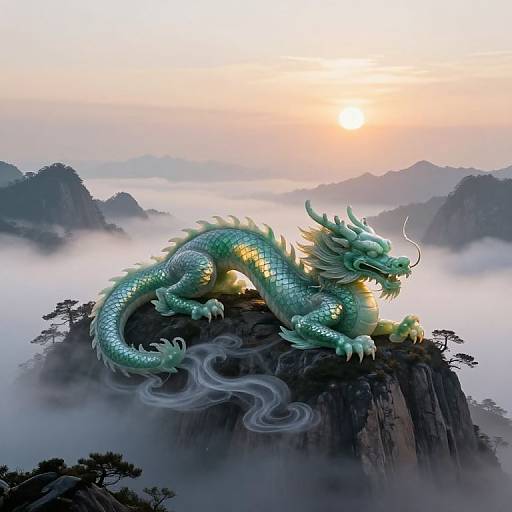Digital artwork of a green, serpentine dragon with white horns and whiskers, perched on a misty, rocky mountain peak during a sunrise