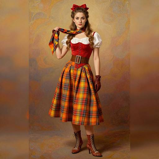 Photograph of a fair-skinned woman with wavy brown hair in a red plaid dress, white blouse, brown corset, and red bow