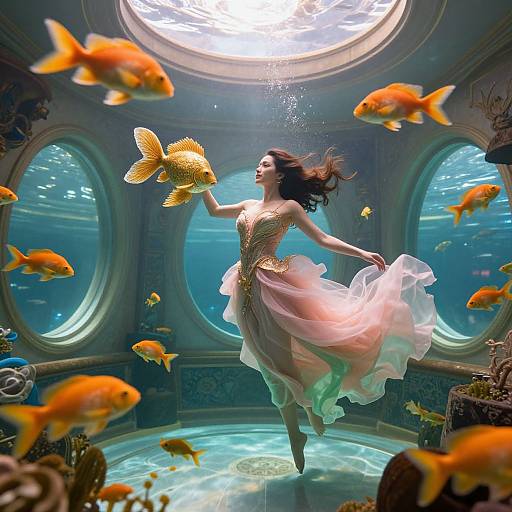 Photograph of a fairy-like woman in a pink, flowing dress, floating underwater surrounded by colorful goldfish, in a circular, sunlit aquarium room