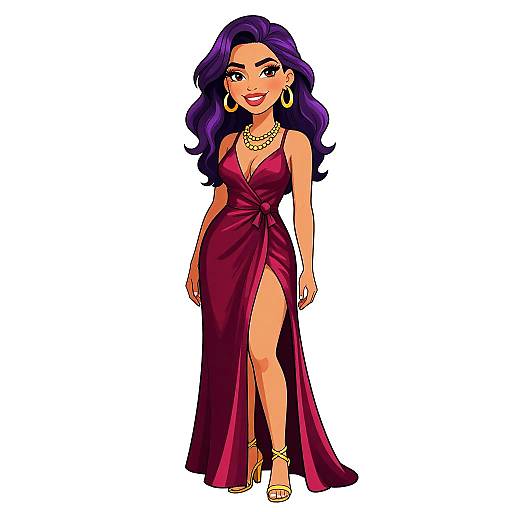 Digital illustration of a confident woman with long purple hair, wearing a deep red, sleeveless, high-slit gown, gold jewelry, and heels,