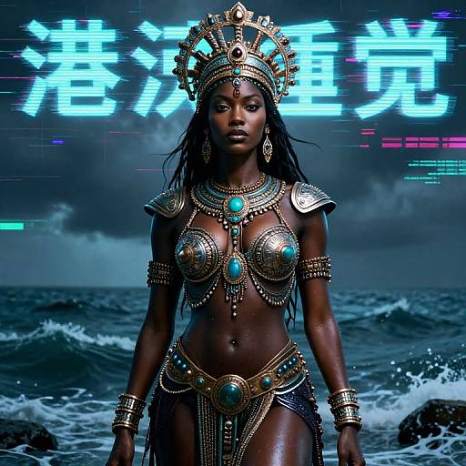 Digital art: Dark-skinned woman in ornate, gold and turquoise tribal attire with crown, standing on ocean waves, neon Japanese text background.
