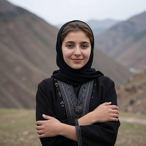 Photograph of a young woman with light brown skin, dark brown eyes, and black hijab, wearing a black embroidered dress, standing with arms crossed