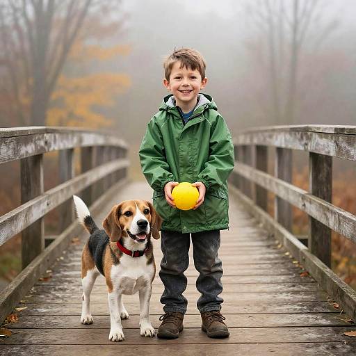 Boy and Beagle on Misty Autumn Bridge