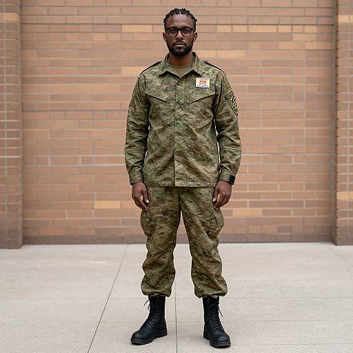 Photograph of an African-American male soldier standing in front of a brick wall, wearing green camouflage uniform, black boots, and glasses.