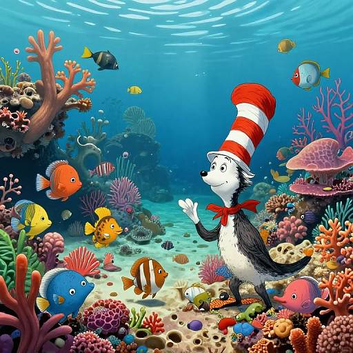 Colorful underwater scene with Dr. Seuss's Cat in the Hat wearing his red and white striped hat, surrounded by vibrant coral reefs and various colorful