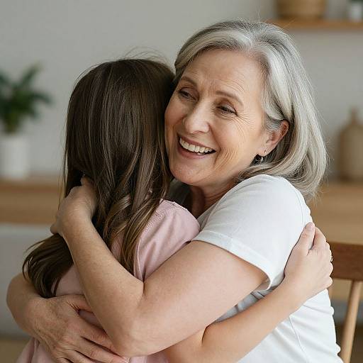 Photograph of a smiling elderly woman with gray hair hugging a younger woman with brown hair from behind, both wearing casual shirts, in a warmly lit