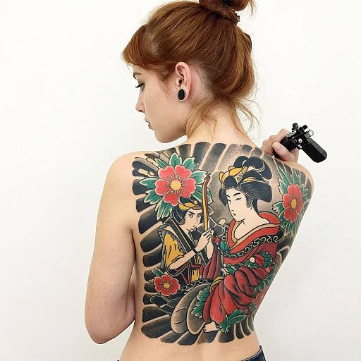 Photograph of a fair-skinned woman with red hair in a bun, showcasing a detailed Japanese-style back tattoo of traditional geisha and floral motifs,