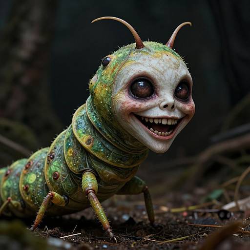 Digital artwork of a creepy, smiling insect-like creature with human-like face, green and yellow exoskeleton, and large, black, shiny eyes in