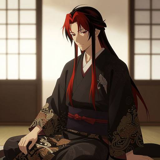 Digital anime-style illustration of a serious, long-haired man with red and black hair, wearing a black kimono with intricate gold patterns, sitting in a