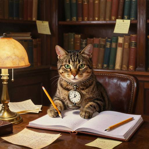 Tabby Cat Studying in Vintage Study Room