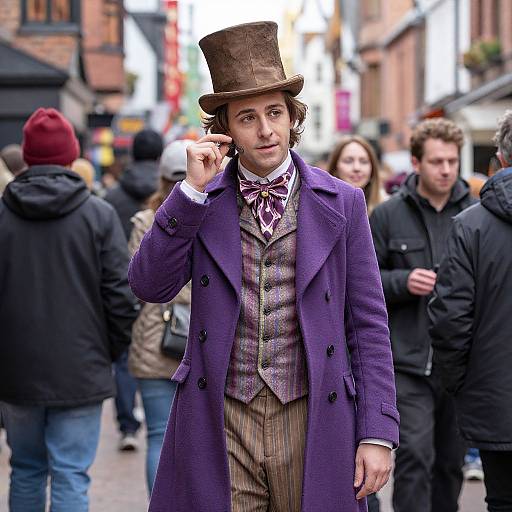 Photograph of a man in Victorian attire, including a tall brown top hat and purple overcoat, adjusting his hat in a bustling urban street with blurred