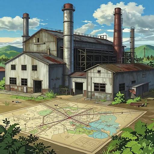 Digital illustration of an old, industrial factory with rusted chimneys, surrounded by greenery, and a detailed map spread on the ground. Blue sky