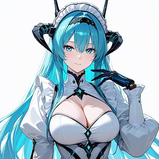 Futuristic Anime Maid with Blue Hair and Mechanical Hand