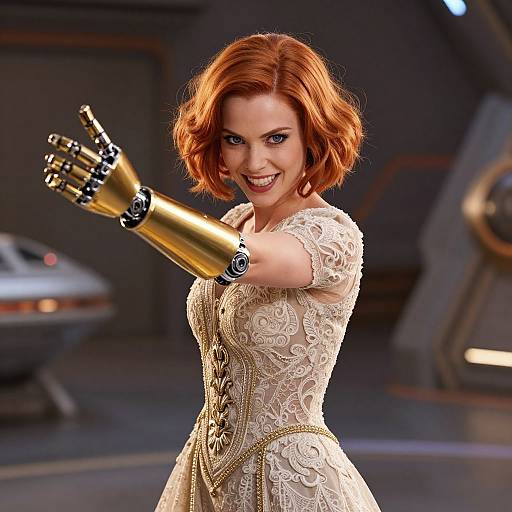 CGI image of a red-haired woman in an ornate lace dress, smiling, with a golden robotic arm, in a futuristic, dimly lit