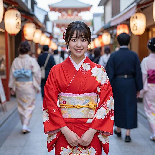 Photograph of a smiling Japanese woman in a vibrant red floral kimono, standing in a bustling evening street with lit lanterns.