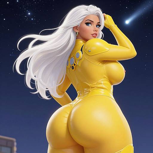 Digital artwork of a curvy woman with long white hair in a tight yellow spacesuit, looking back with a confident pose under a starry night sky