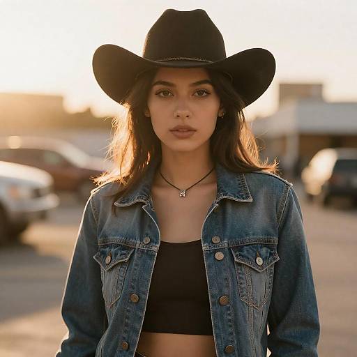 Young Woman in Cowboy Hat and Denim Jacket