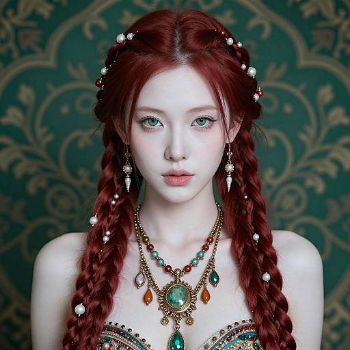 Digital portrait of a pale, green-eyed, red-haired woman with braided hair, adorned with pearls and intricate jewelry, set against a dark, orn