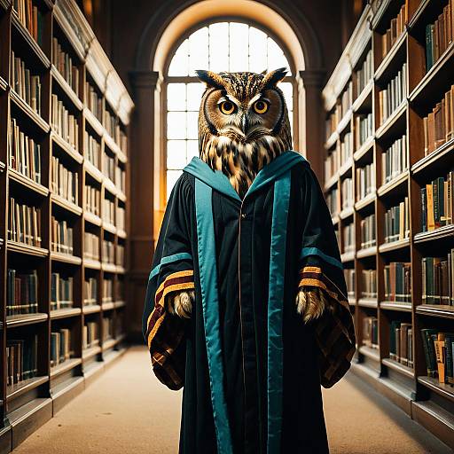 Owl in Professor's Robe in Library