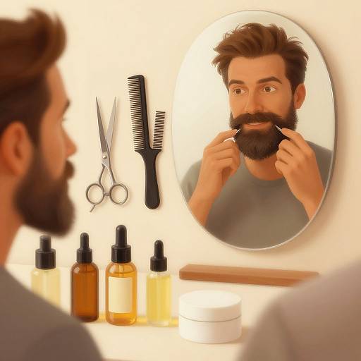 Digital illustration of a bearded man shaving in front of a mirror, with scissors, comb, and amber bottles on the counter.