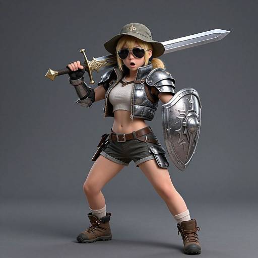 CGI image of a blonde, armored female warrior in a crop top, shorts, and hat, holding a sword and shield, ready to fight.