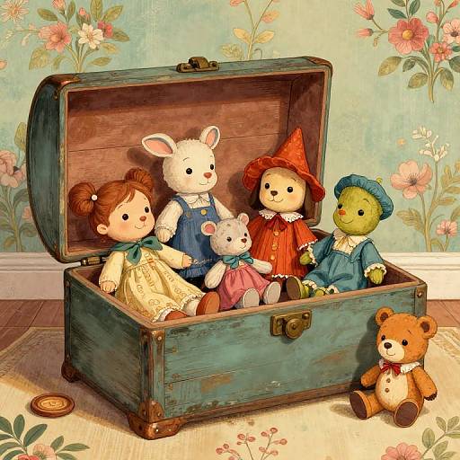 Vintage-style illustration of six wooden dolls in an open, teal wooden chest with floral wallpaper background, surrounded by a teddy bear.