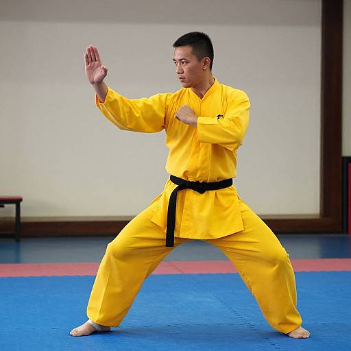 Photograph of an Asian man in yellow karate gi, black belt, performing a defensive stance with arm raised, in a blue mat dojo.