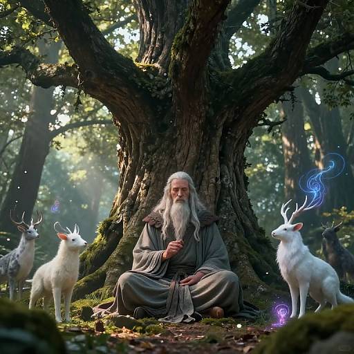 Wise Druid Meditating in Enchanted Forest