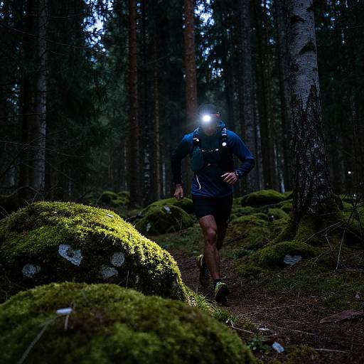 Photograph of a runner in dark blue athletic gear and headlamp, jogging through a dense, dark forest with glowing moss-covered rocks.