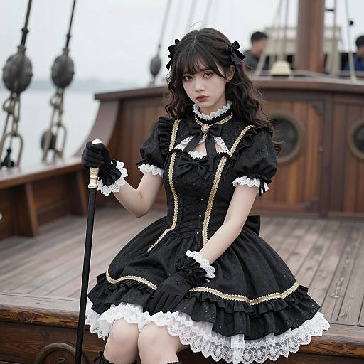 Young Woman in Gothic Lolita Dress on Ship Deck