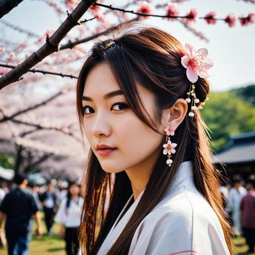 Young Japanese Woman with Cherry Blossom Hair Ornament