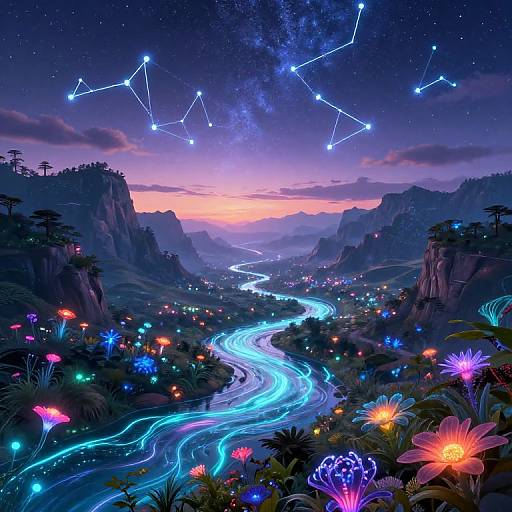 Digital fantasy artwork of a glowing river winding through a vibrant, starlit valley with constellations, colorful flowers, and bioluminescent plants.
