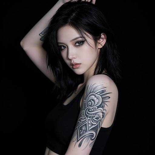 Photograph of a pale-skinned, black-haired woman with striking blue eyes, wearing a black tank top, showcasing a detailed black tribal tattoo on her