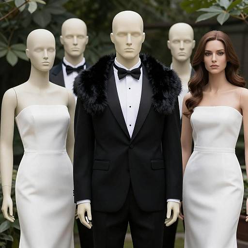Man and Female Mannequins in Formal Wear Outdoors