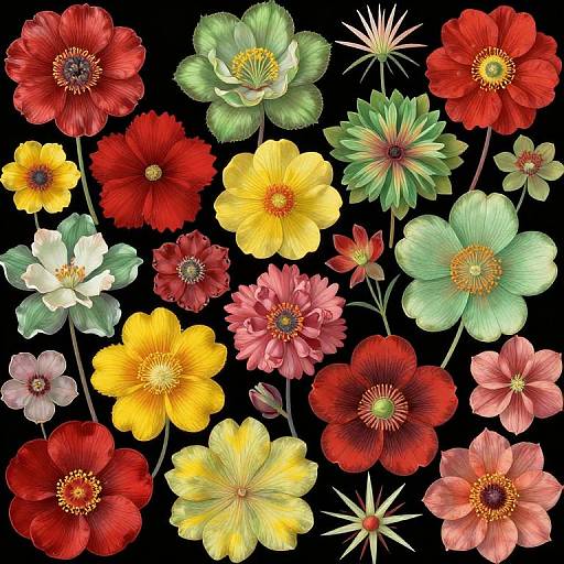 Digital illustration of vibrant, detailed flowers in red, yellow, pink, green, and white, set against a black background, showcasing various petal textures