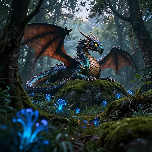 Digital fantasy artwork of a fierce, blue-scaled, orange-winged dragon with glowing yellow eyes, resting on a mossy forest floor surrounded by glowing