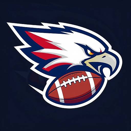 Digital logo of a fierce eagle-headed football player with white, red, and blue feathers, yellow beak, and intense orange eye, gripping a brown