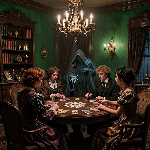 Photograph: Victorian-style room with four elegantly dressed people playing poker around a wooden table, a mysterious hooded figure looming in the background, dim